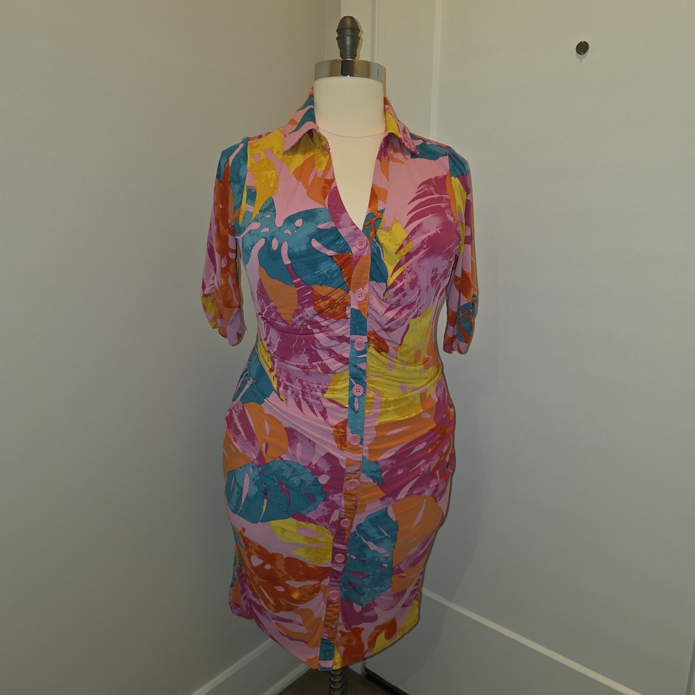 Ashley Stewart Pink Multi-Color Tropical Shirt Dress
